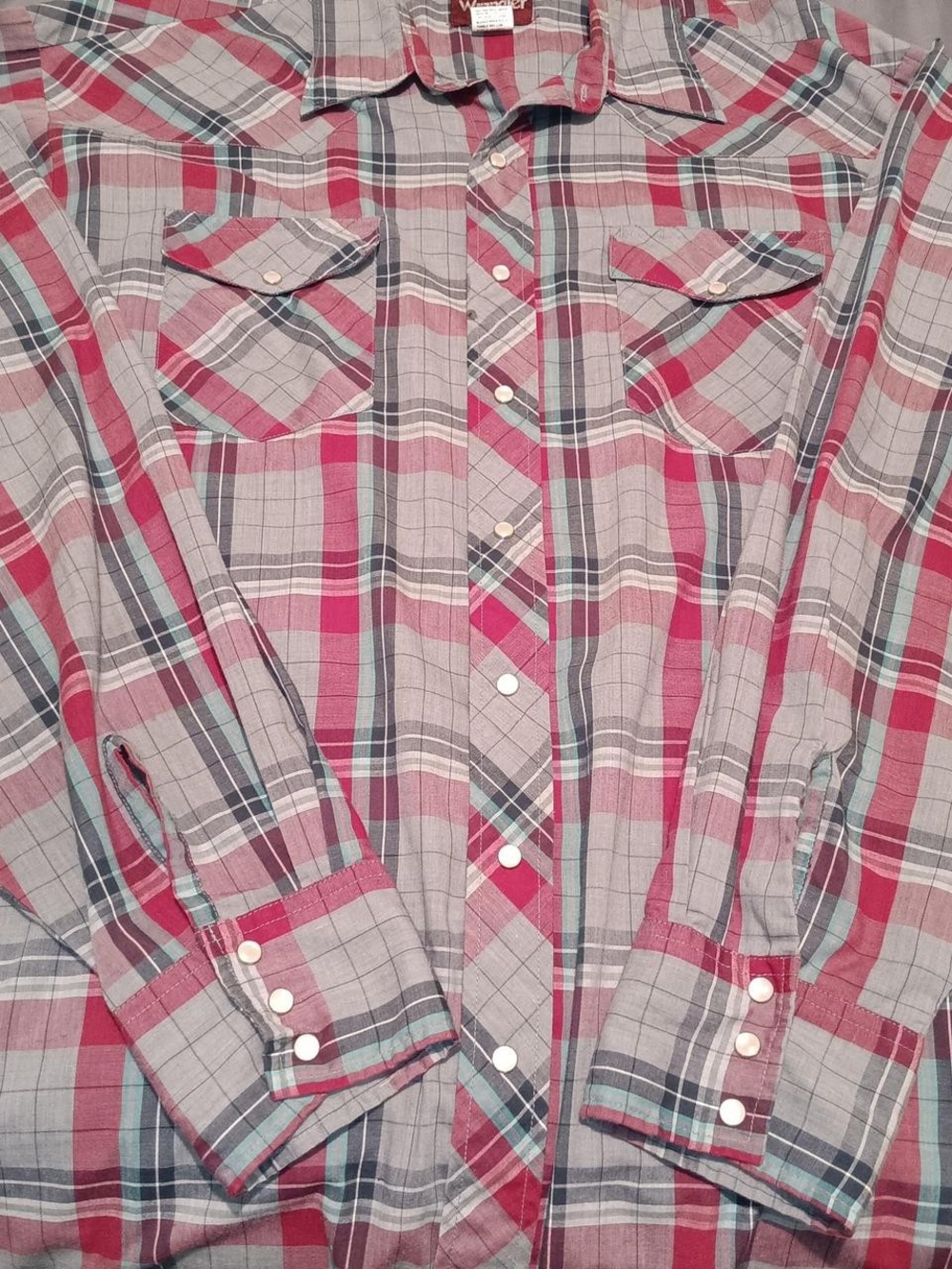 Wrangler Men's Plaid Button-Down Shirt in Red and Gray Pearl Snaps